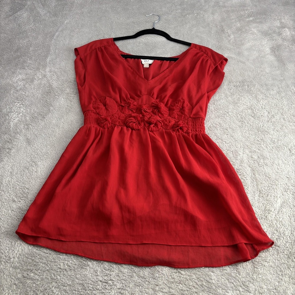 VTG Y2K ECI New York Babydoll Top Women 4 Red Chiffon Floral Valentines Romantic